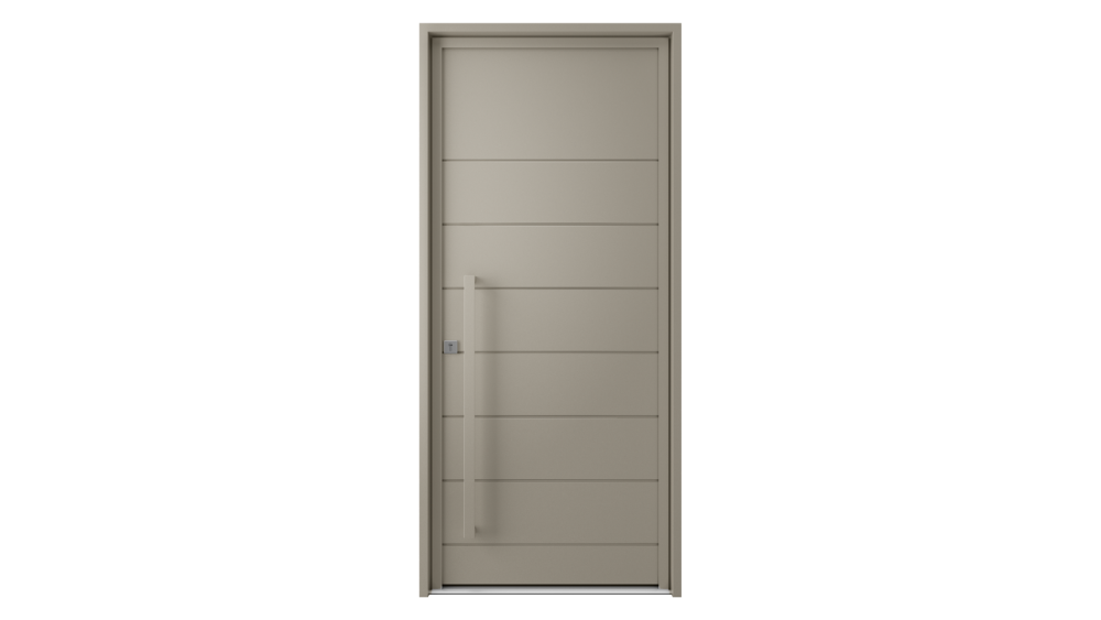 Porte d'entrée aluminium PAROS Porte d'entrée grise avec barre de tirage et décor horizontaux